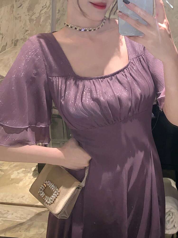 Women's Solid Color Pleated Square Collar Ruffle Sleeve Elegant Party Dress Sundress