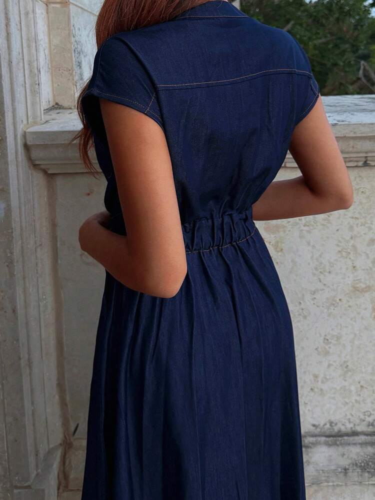 Vintage Elegant Waist Cinching Midi Dress With Flared Skirt, Chic & Youthful Summer Sundress