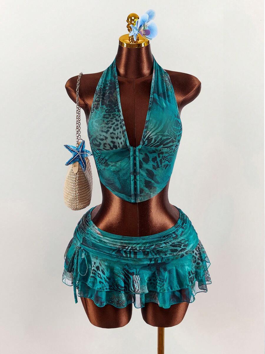 Amplova 2pcs Women Leopard Print Sexy Tie-Dye Halter Top And Ultra Low-Waist Mini Skirt Set - Multicolor - View 1