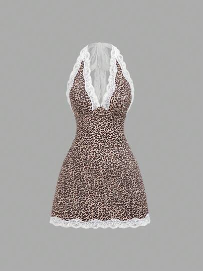 Sweetra 女士新款豹纹拼接蕾丝露背蝴蝶结迷你连衣裙，性感欧美风，适合日常、度假、春夏秋季穿着。