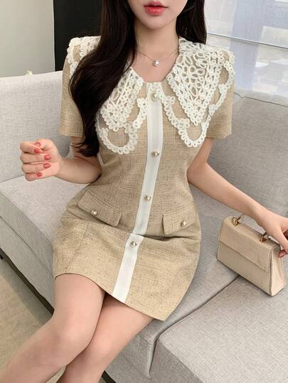 DAZY 女士优雅撞色蕾丝领假口袋短款连衣裙，夏季婚礼宾客礼服