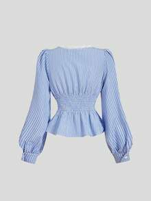 SHEIN MOD 女士撞色蕾丝纽扣设计条纹灯笼袖衬衫