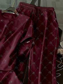 Resyla Shiny Rhinestone Embellished Minimalist Crew Neck T-Shirt Set, A Gift For Friends - Burgundy - View 3