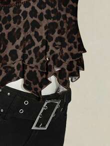 SHEIN ICON Women's Retro Leopard Print Knit Double-Layer Ruffle Hem Sweetheart Neck Cap Sleeve Elegant T-Shirt, Suitable For Casual Street Wear, Chic, Y2K Spring - Multicolor - View 8