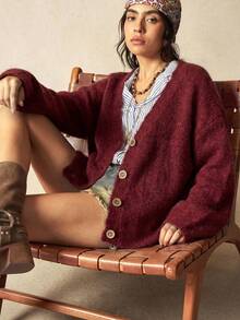 Bohemela Vintage Loose Solid Color Front Button Casual Long Sleeve Knit Cardigan - Burgundy - View 4