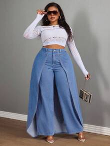 Slaydiva Quần jean nữ cỡ lớn kiểu cao bồi - Màu xanh dương, chất liệu denim không co giãn, dáng ống thẳng, phối nhiều mảnh vải. - Rửa nhẹ - Xem 5
