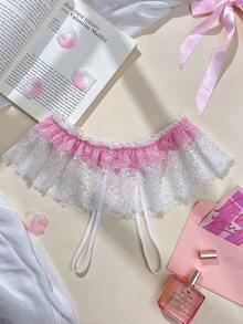 1件蕾丝蝴蝶结装饰性感内裤，适合年轻女士，粉色和白色 - 白色 - 查看 2