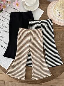 SHEIN LMoss  3pcs Baby Girl Knitted Solid Striped Casual Flare Pants Set - Multicolor - View 5