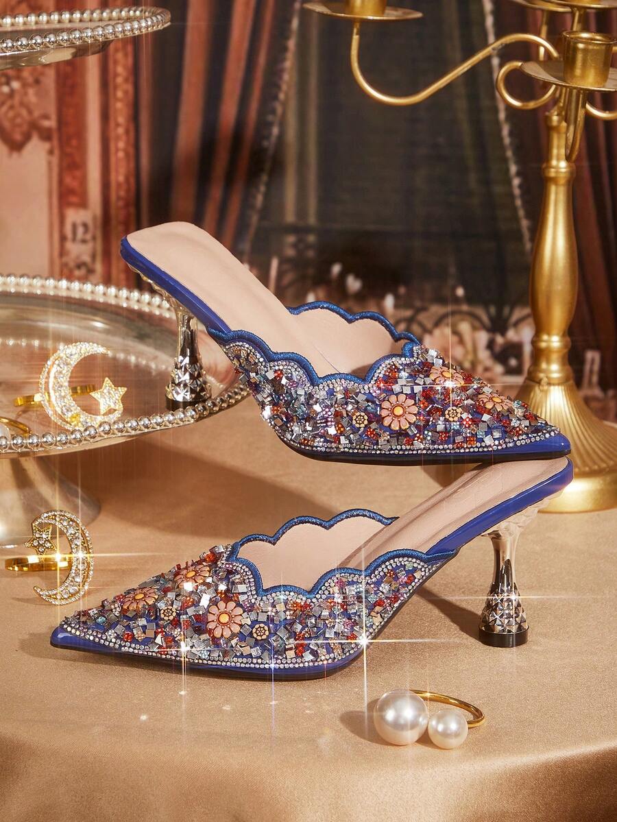 CUCCOO TILAWA Women's Fashion Party Pointed Toe Stiletto Heel Rhinestone Pumps Valentine's Day - Blue - View 1