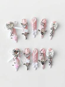 Kawaii 10 Móng tay giả kiểu dáng dễ thương đính đinh tán hình móng mèo, làm thủ công + 3 miếng dán hai mặt, có thể tháo rời, hình nơ Y2K đính đá, móng giả dài hình hạnh nhân được vẽ tay, màu hồng và trắng chuyển dần chất lượng cao, phù hợp cho các bữa tiệc, khiêu vũ và sử dụng hàng ngày. - Màu trắng - Xem 3