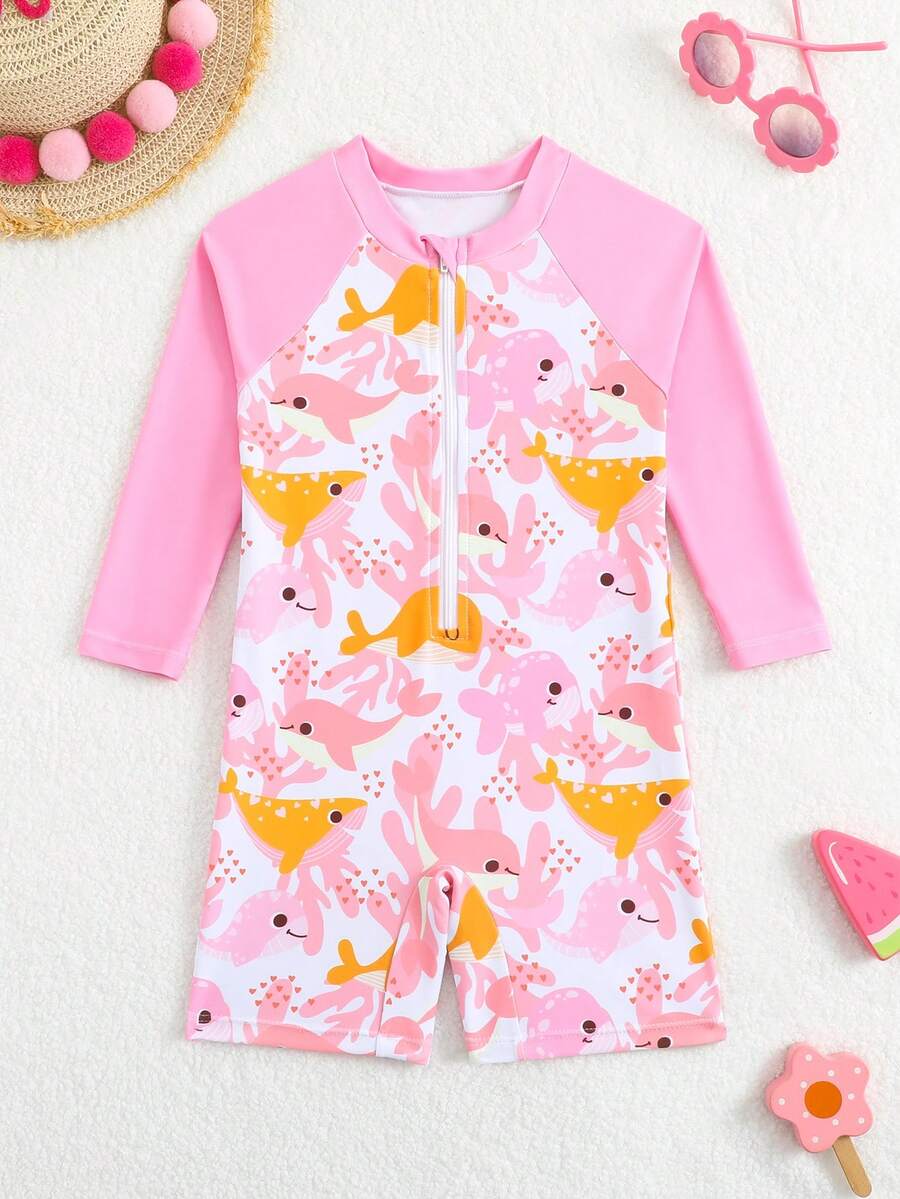 SHEIN GraphicGems Bộ đồ bơi liền thân dài tay in hình cá mập cho bé gái, thiết kế dễ thương, chống nắng, thích hợp cho mùa hè. - trái cam - Xem 1