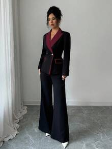 Elenzga Bộ vest nữ cao cấp phối màu thanh lịch gồm áo blazer và quần ống loe, gồm 2 mảnh, phù hợp cho công sở, đi làm và mặc hàng ngày. - Màu Đỏ Sâu - Xem 7