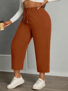 SHEIN PETITE CURVE Plus Size Women Casual Drawstring Waist Straight Leg Pants, Solid Color, Versatile For Daily Commute - Brown - View 5