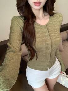 DAZY 2pcs Women Autumn/Winter Fashion Brown Fuzzy Fitted Crop Top & Cardigan Set - Dark Green - View 3