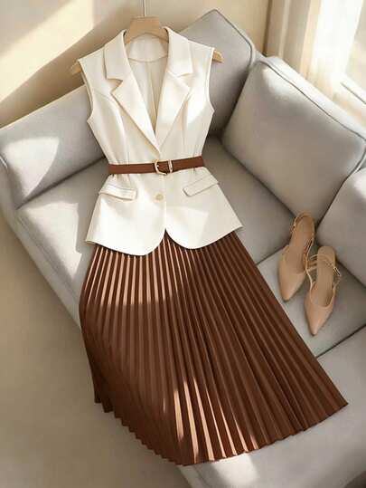 Franclia Women's Elegant French Style Collared Sleeveless Fitted Blazer And High Waist Pleated Midi Skirt 2 Pieces Suit, Work Outfit