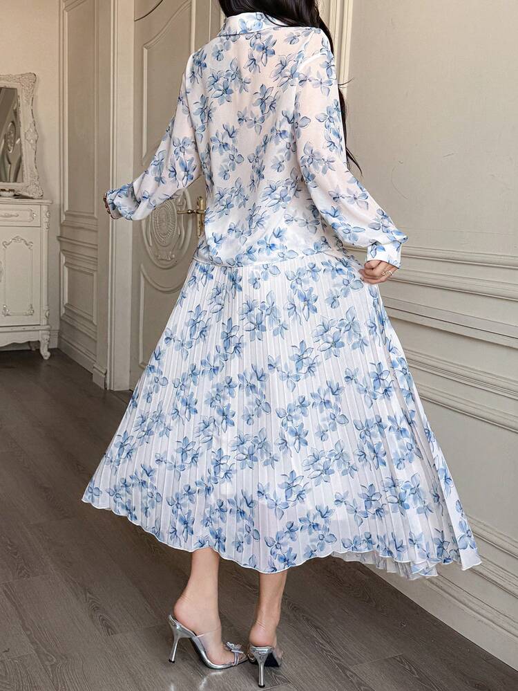 Women's Elegant Floral Print Pleated Blouse And Skirt 2-Piece Set, Spring/Summer,Wedding Guest Dress Women