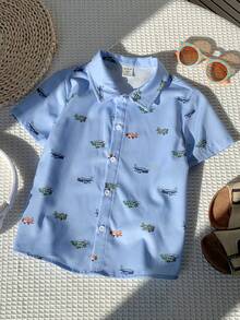 SHEIN 1 chiếc áo thun ngắn tay thoải mái, phong cách, đơn giản, đa năng, mềm mại, mát mẻ, họa tiết hoạt hình xe hơi dễ thương dành cho bé trai, thích hợp cho mùa xuân/hè. - Màu xanh lam - Xem 5