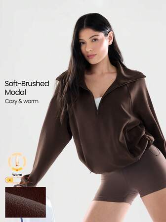 GLOWMODE Modal Confortable Ultra Doux Ample Coutures Profilées Ourlet Réglable Poches Zippées Demi-Zip Pull Décontracté Quotidien Automne Hiver