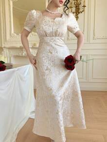 DAZY Đầm nữ thanh lịch tay phồng họa tiết hoa, đầm dự tiệc cưới mùa hè. - Màu be - Xem 6