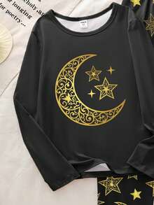 1 Set Tween Boys' Celestial Print Knit Crew Neck Long Sleeve Top And Matching Allover Celestial Print Pants Pajama Set, Spring/Autumn - Black - View 4