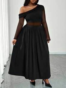 Truni Plus Size Women's Elegant Black Mesh Sheer Shoulder Dress,Autumn Formal Evening Night Out Club Dress For Pear & Triangle Curve - Black - View 4