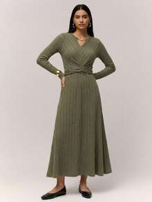 Modelyn Vestido Longo Casual Feminino de Cor Sólida com Cintura Franzida - Verde Militar - Visão 6