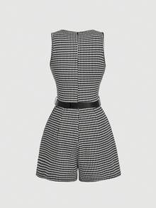 SHEIN MOD Houndstooth Print Belted Sleeveless Jumpsuit, Houndstooth Romper, Gingham Romper, Short Jumpsuit, Rompers Women - Black and White - View 2