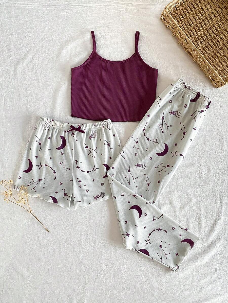 SHEIN Bộ đồ ngủ 3 món thời trang tối giản in hình sao và trăng cho bé gái, gồm áo hai dây và quần short, quần dài. - Màu tím - Xem 1