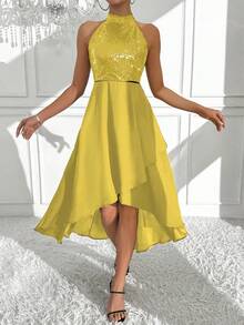 Chiquease 1 chiếc đầm maxi thanh lịch đính sequin, cổ yếm, vạt bất đối xứng, thích hợp cho các bữa tiệc ngày lễ dành cho nữ. - Màu vàng - Xem 3