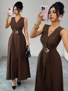 Elenzga Áo khoác cardigan dệt kim không tay cổ chữ V mới dành cho nữ, điểm nhấn là vòng kim loại, kiểu dáng thanh lịch, thích hợp mặc lâu dài. - màu nâu - Xem 4