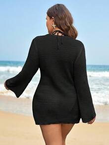 Swim Vcay Đầm/áo khoác ngắn ôm sát người cỡ lớn, cổ chữ V sâu, thắt nơ, khoét rỗng, tay loe, màu trơn, thích hợp cho kỳ nghỉ, đi biển. - màu đen - Xem 2