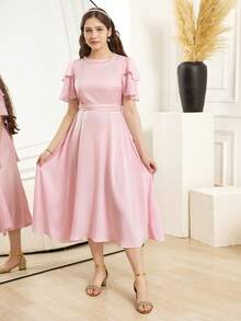 优雅珍珠装饰立领长袖双层荷叶边下摆中长连衣裙，适合派对、日常外出和轻度正式场合。 - 粉色 - 查看 4