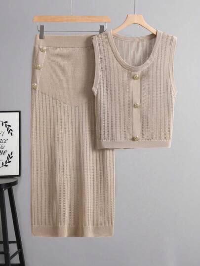 Franclia 两件套女士纯色圆领纽扣设计无袖针织上衣和针织混纺中长裙套装