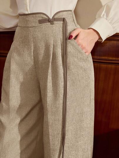 Vintamour Vintage Classic Elegant Women's Pants, Fitted Contrast Trim Long Pants, Button Closure Brown Trousers, Autumn/Winter Pants With Pockets Elegant Pants For Women