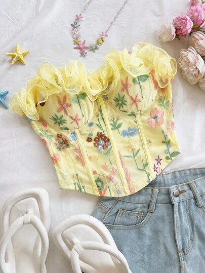 Soleia 女士休闲花卉刺绣抹胸上衣，夏季