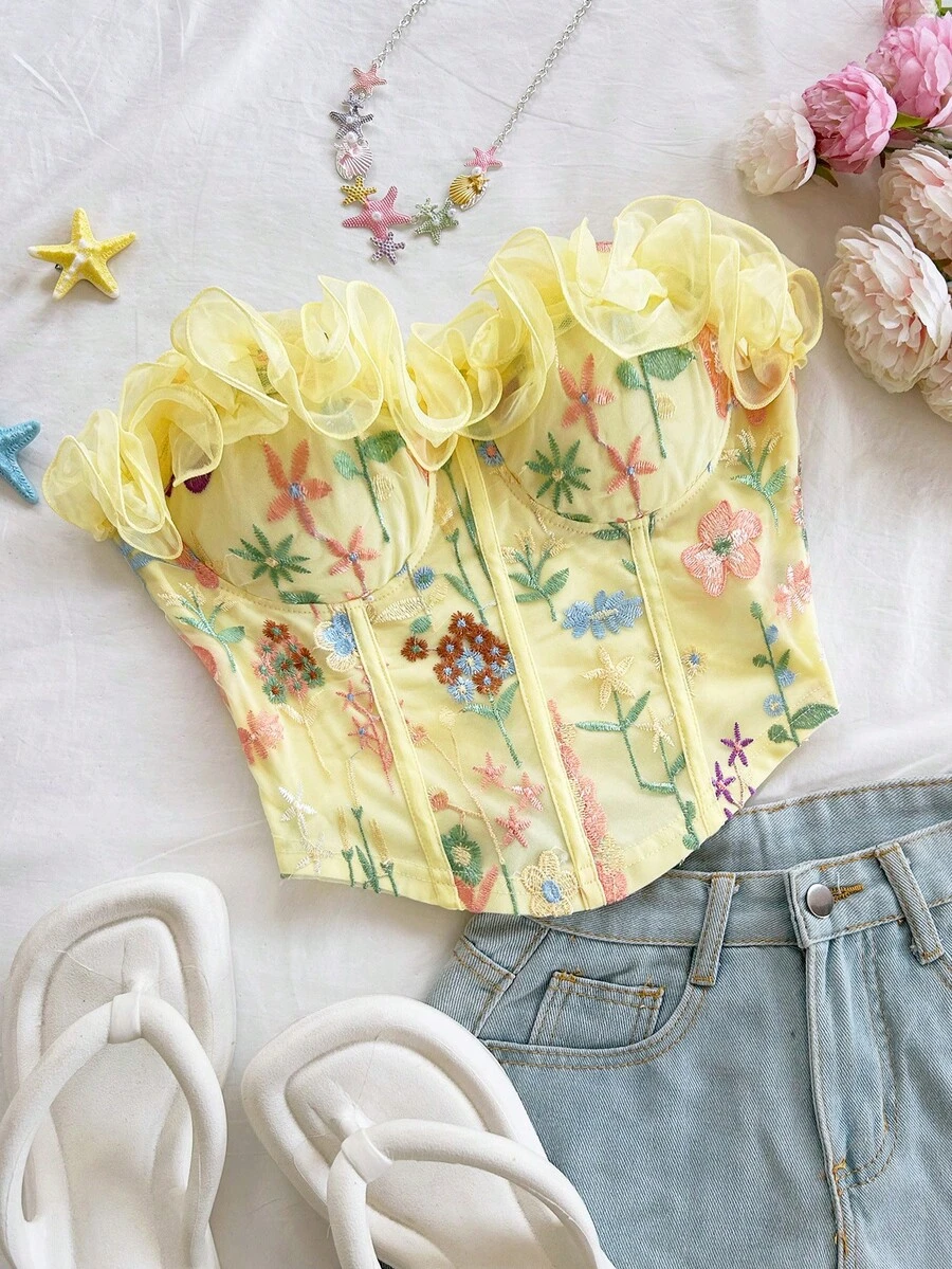 Soleia 女士休闲花卉刺绣抹胸上衣，夏季 - 彩色 - 查看 1