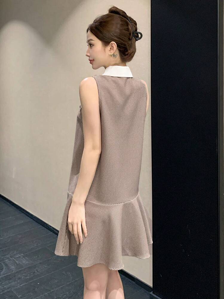 Women's Elegant Contrast Color Collar Faux Pocket Sleeveless Mini Dress, Summer Sundress