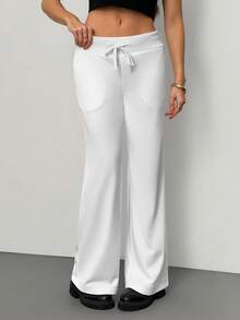 SHEIN Tall 舒适休闲纯色针织低腰阔腿女式运动裤 - 白色 - 查看 1