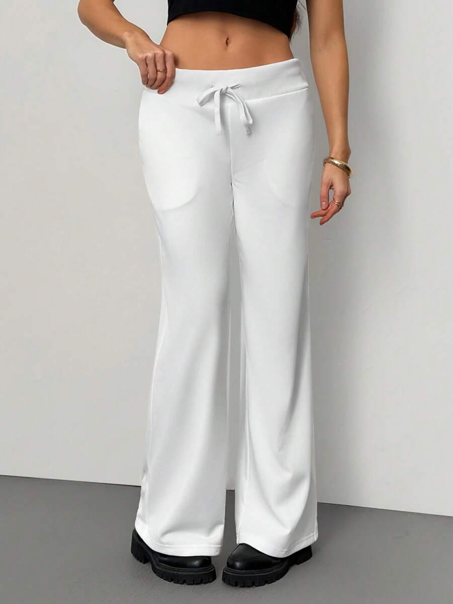 SHEIN Tall 舒适休闲纯色针织低腰阔腿女式运动裤 - 白色 - 查看 1