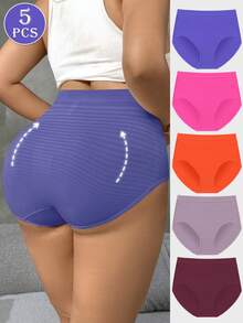 NudeFit 5条装女士加大码舒适弹力高腰条纹无缝全包臀内裤 - 彩色 - 查看 1