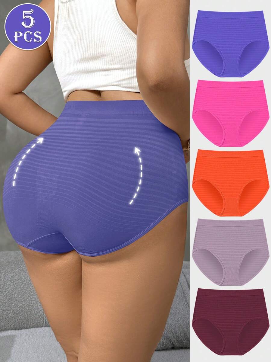 NudeFit 5条装女士加大码舒适弹力高腰条纹无缝全包臀内裤 - 彩色 - 查看 1