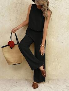 SHEIN Frenchy Bộ đồ nữ màu trơn gồm áo hai dây và quần ống rộng có nơ phía sau, kiểu dáng thường ngày. - màu đen - Xem 4