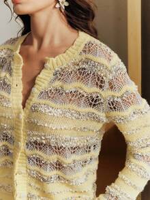 Anewsta 女士镂空设计单排扣长袖休闲针织开衫 - 黃色 - 查看 7