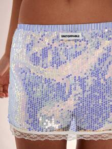 Avenya 女士亮片撞色蕾丝迷你裙，适合派对场合 - 藍色 - 查看 2