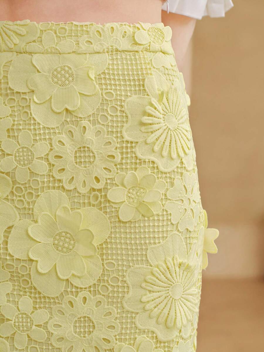 MOTF PREMIUM 侧开衩蕾丝花边短裙 - 黃色 - 查看 2