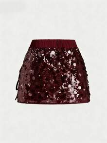 Sweetra Chân váy ngắn chữ A màu trơn đính sequin dành cho nữ, thanh lịch, thích hợp dự tiệc, hẹn hò, dễ thương, có nơ bên hông, phù hợp cho mọi mùa, mùa hè, màu đen. - Màu Đỏ Sâu - Xem 2