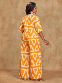 Brilight 新款春夏几何印花两件套：宽松上衣和宽松长裤。适合日常休闲穿着、度假、海滩郊游、阳光明媚的日子、音乐节、通勤等场合。女士夏季两件套。 - 橘色 - 查看 2