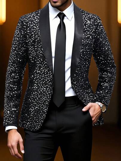 Manfinity AFTRDRK Men's Fashionable Party Banquet Sequin Shawl Neck Suit Jacket