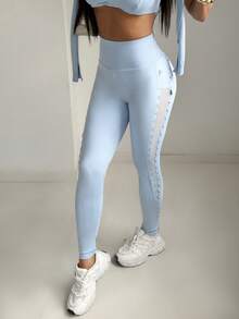 SHEIN EZwear 女士高腰显瘦蓝色针织打底裤 - 淺藍色 - 查看 10