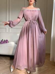 DAZY Elegant Off-Shoulder Midi Dress, Fitted Waist, Shiny Rhinestone Decor, Suitable For Valentine's Day, Wedding, Party, Formal Occasions, Spring/Summer Sundress - Purple - View 1